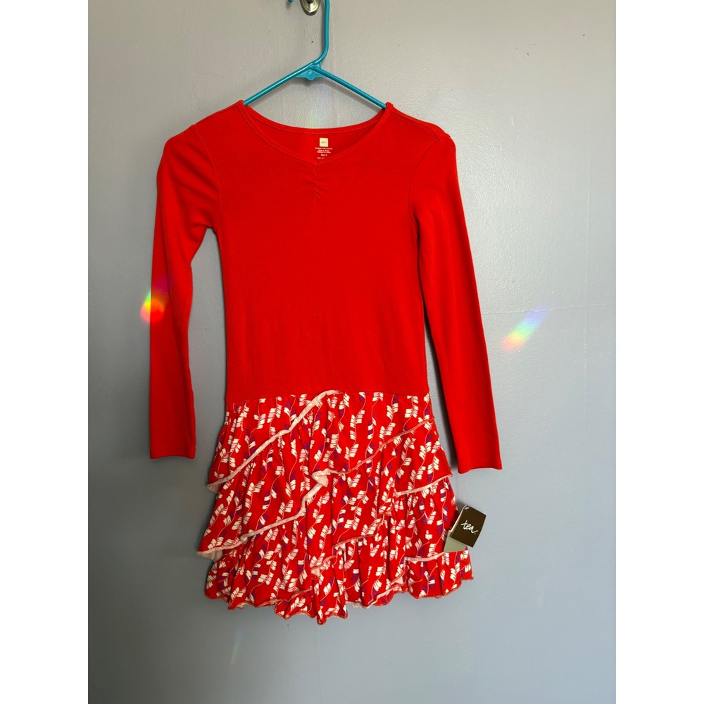 Tea Collection Girls Arrow Feather Ruffle‎ Long Sleeve Tiered Red Dress Sz 8 NWT